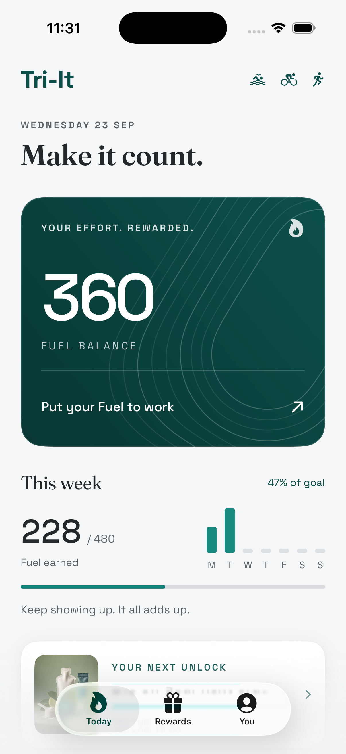 Tri-It Today screen showing Fuel progress