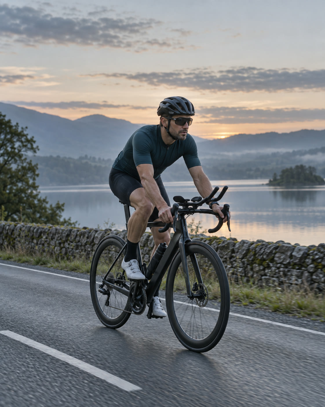 Triathlete training on a road bike beside a lake at dawn