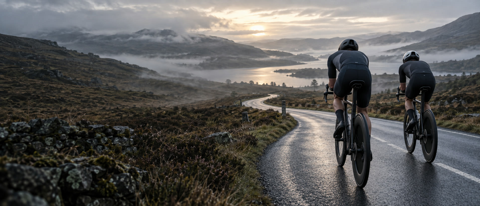 Two triathletes riding aerodynamic road bikes beside a lake at dawn