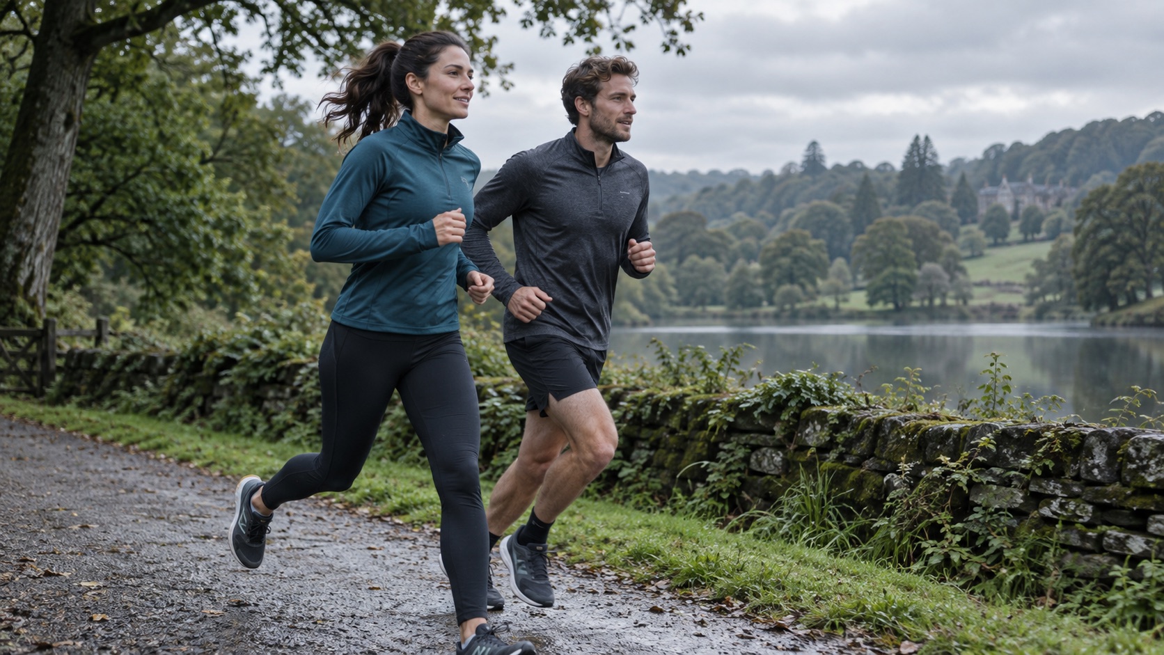 Two runners training together on a park path