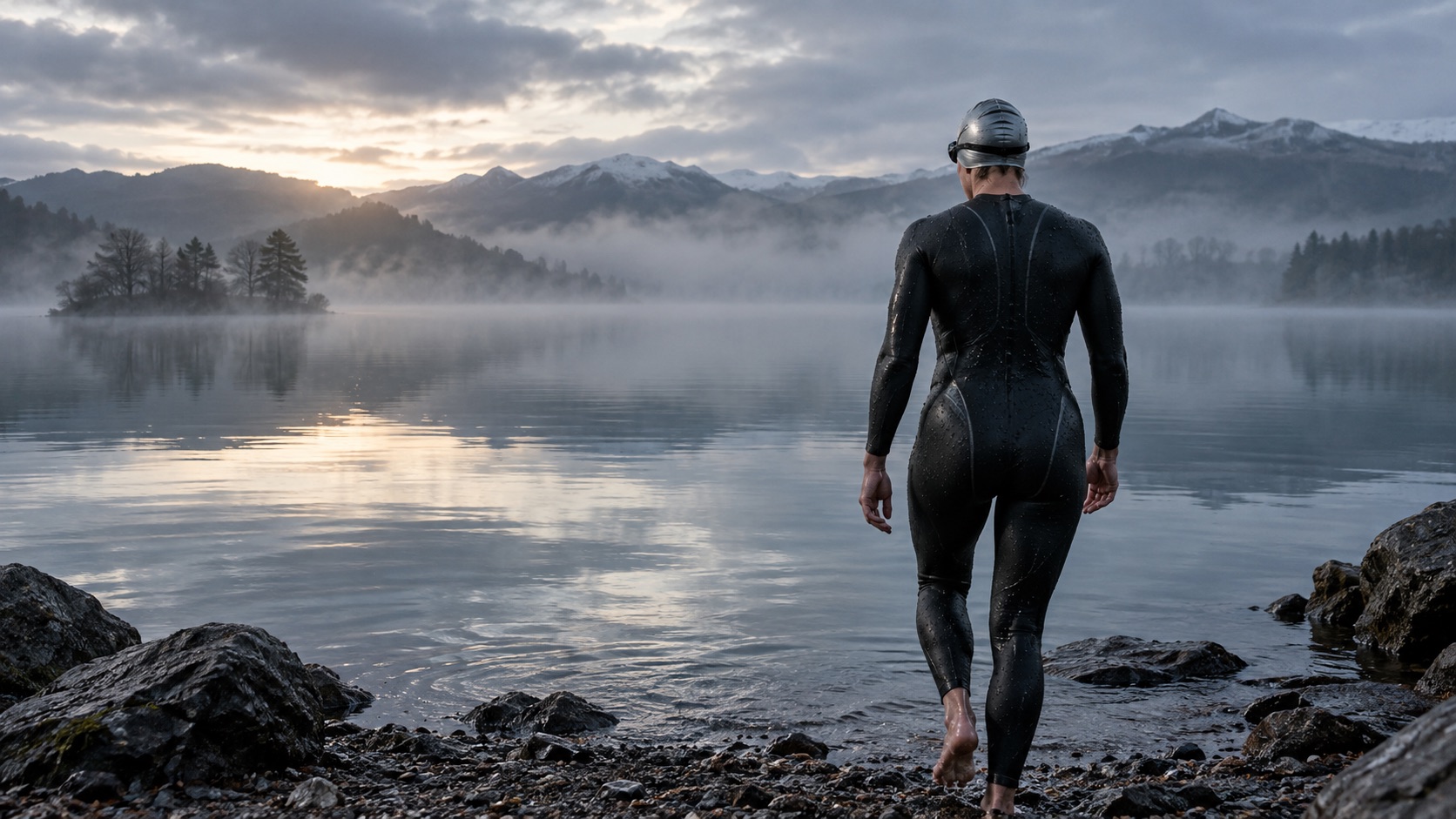 Open-water swimmer at a still lake in the early morning